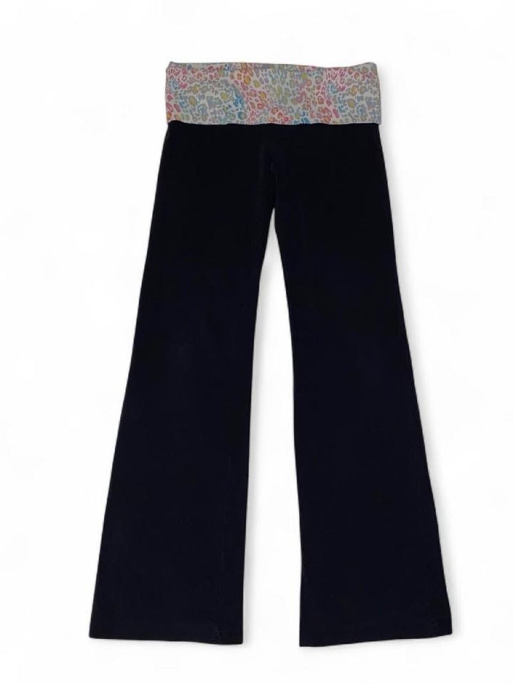 Victoria’s Secret Pink Black Flare Foldover Yoga Pants with Colored Leopard